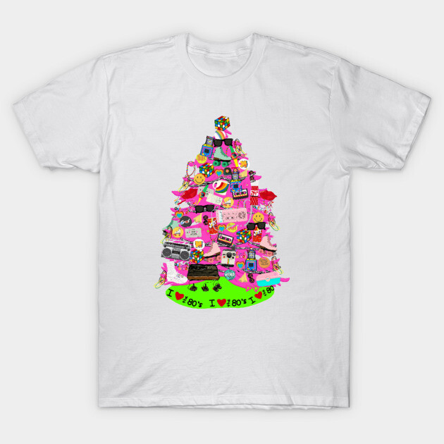 White t-shirt with colorful 80s-themed graphic, featuring retro icons in a Christmas tree shape. Cotton material, casual wear.