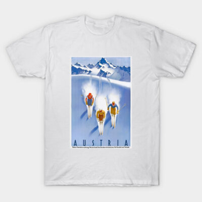 White t-shirt with vintage Austria ski poster design, featuring skiers on snowy mountains, ideal for casual wear.
