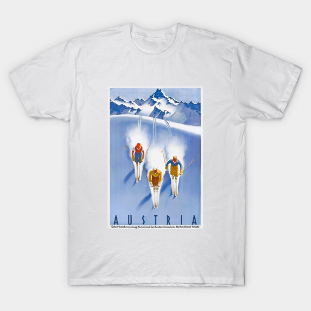 White t-shirt with vintage Austria ski poster design, featuring skiers on snowy mountains, ideal for casual wear.
