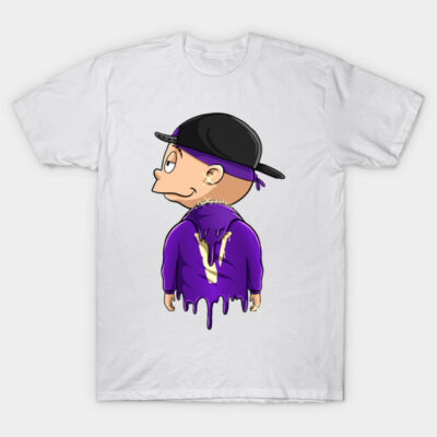 Graphic white t-shirt featuring cartoon character in purple jacket and black hat, stylish casual wear for adults.