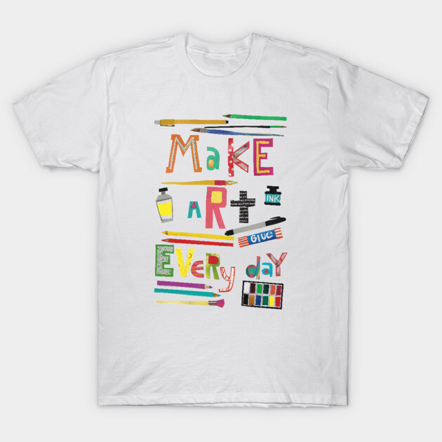 White T-shirt with colorful "Make Art Every Day" graphic design, featuring art supplies for creative expression.