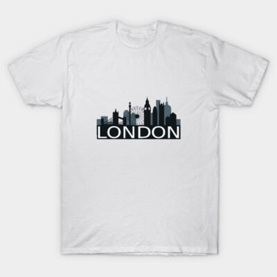 White t-shirt featuring black London skyline graphic, casual style, cotton material, perfect for travel or city lovers.