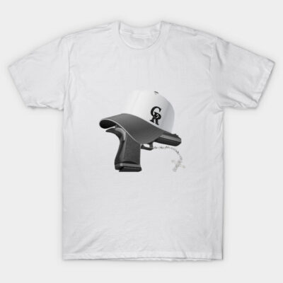 White t-shirt featuring black and white cap with gun design, casual style, cotton material, for everyday wear.