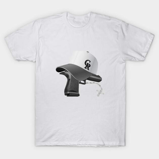 White t-shirt featuring black and white cap with gun design, casual style, cotton material, for everyday wear.