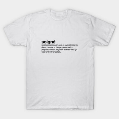 White cotton t-shirt with "soigné" print, casual style, unisex, perfect for everyday wear.