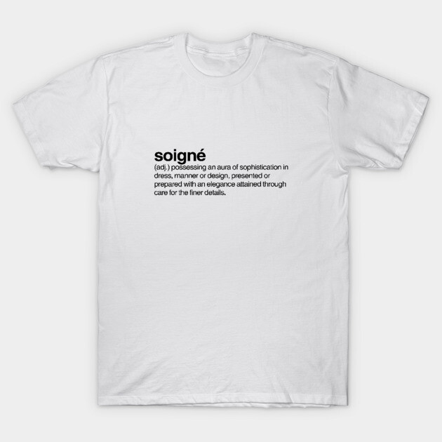 White cotton t-shirt with "soigné" print, casual style, unisex, perfect for everyday wear.