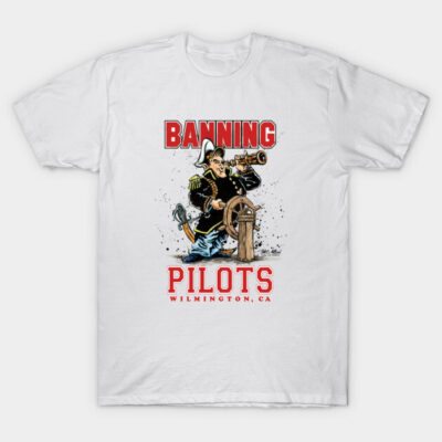 White graphic T-shirt featuring "Banning Pilots" design, Wilmington CA theme, casual style, 100% cotton.