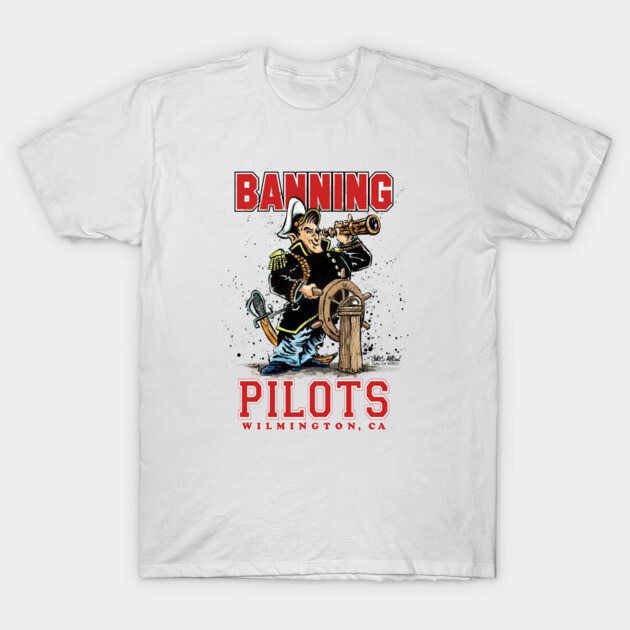 White graphic T-shirt featuring "Banning Pilots" design, Wilmington CA theme, casual style, 100% cotton.