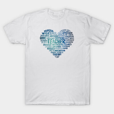 White t-shirt with blue word cloud heart design, featuring inspiring teacher-related words, made from soft cotton.