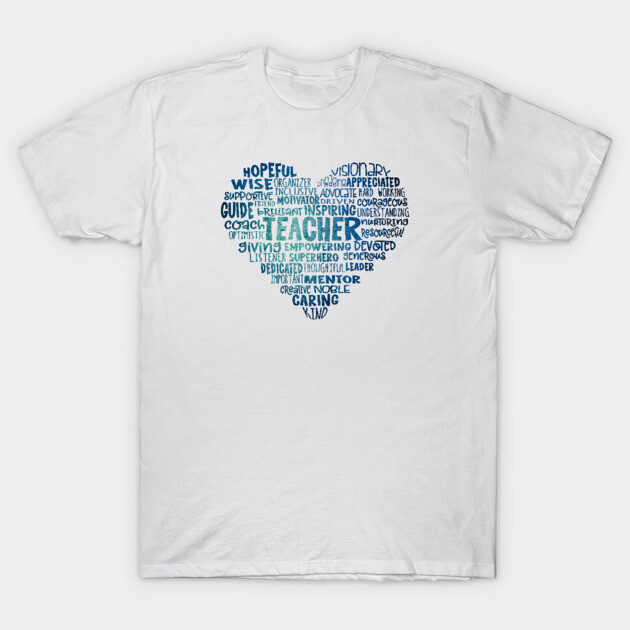 White t-shirt with blue word cloud heart design, featuring inspiring teacher-related words, made from soft cotton.