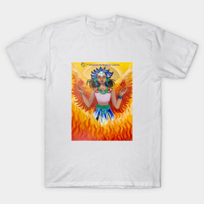 White t-shirt featuring vibrant phoenix artwork with flames, ideal for casual wear and art enthusiasts. Cotton material.