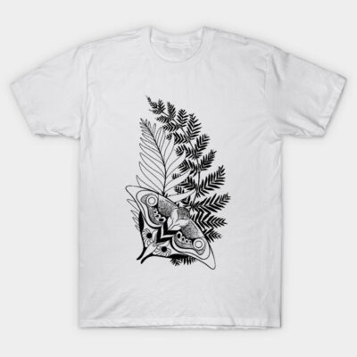 White T-shirt with black moth and fern design, unisex casual wear, 100% cotton, nature-inspired graphic tee.