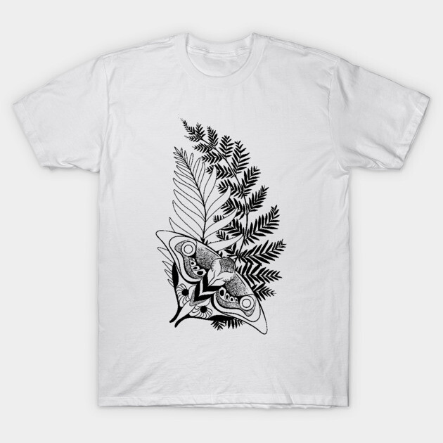 White T-shirt with black moth and fern design, unisex casual wear, 100% cotton, nature-inspired graphic tee.