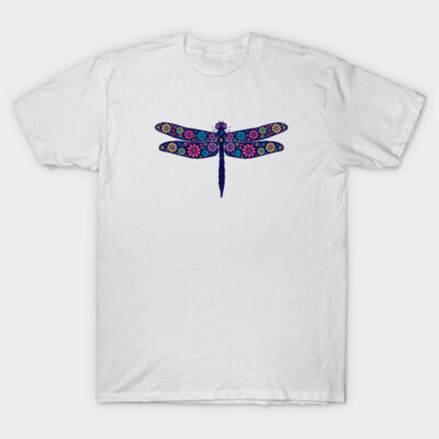 White t-shirt with colorful dragonfly design, casual style, 100% cotton, perfect for everyday wear.