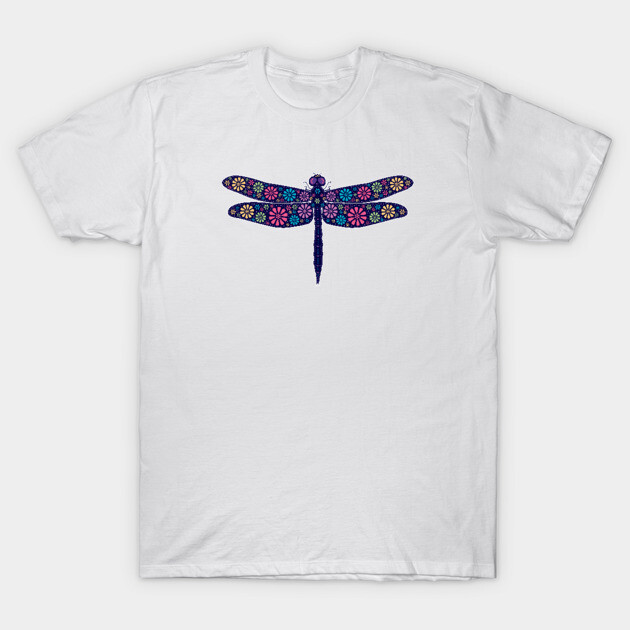 White t-shirt with colorful dragonfly design, casual style, 100% cotton, perfect for everyday wear.