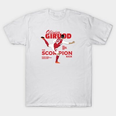 White t-shirt featuring a dynamic red graphic design of a soccer player performing a scorpion kick.