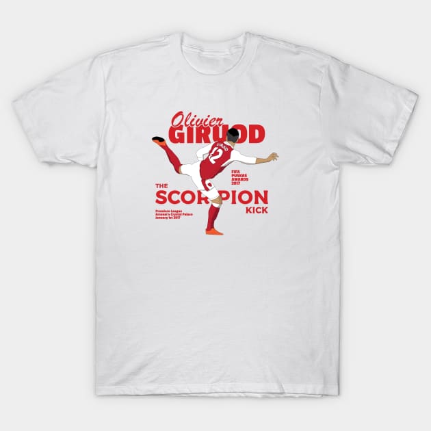 White t-shirt featuring a dynamic red graphic design of a soccer player performing a scorpion kick.