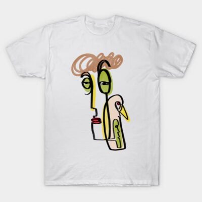 White T-shirt with abstract face print, colorful modern art design, casual wear, unisex cotton fabric.