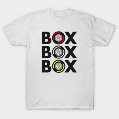 White t-shirt with "Box Box Box" text and tire design in red, white, yellow. Casual wear, cotton material.