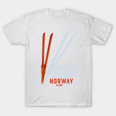 White t-shirt featuring red skis with "Norway to Ski" text, perfect for winter sports enthusiasts, made of cotton.