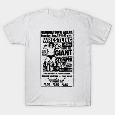 White t-shirt featuring vintage wrestling poster print, casual style, cotton material, ideal for fans and collectors.