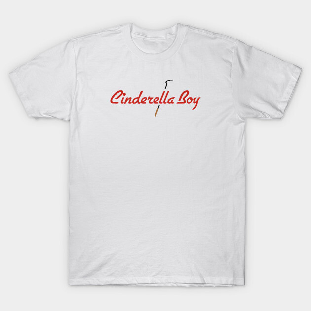 White "Cinderella Boy" graphic t-shirt, casual cotton style, red text design, unisex clothing.