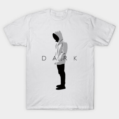 White cotton t-shirt featuring a black silhouette and "DARK" text, casual style, perfect for everyday wear.
