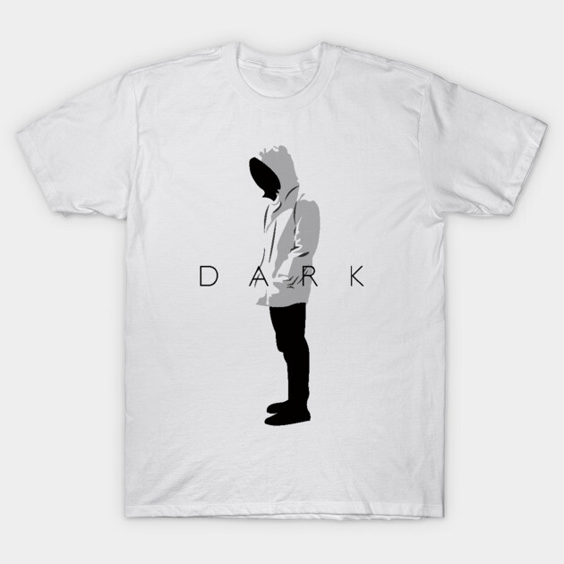 White cotton t-shirt featuring a black silhouette and "DARK" text, casual style, perfect for everyday wear.