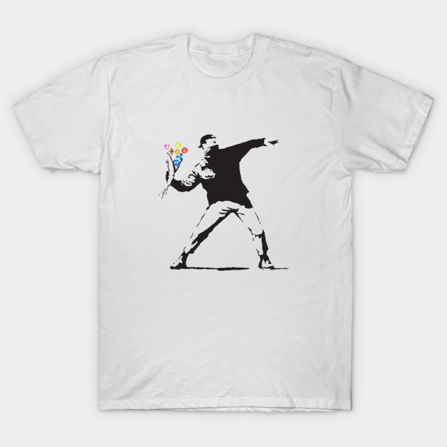 White t-shirt featuring a black stencil-style design of a person throwing a colorful bouquet. Casual and artistic apparel.