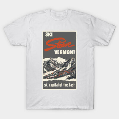 White t-shirt with vintage "Ski Stowe Vermont" graphic, featuring mountain design. Casual wear, cotton material.