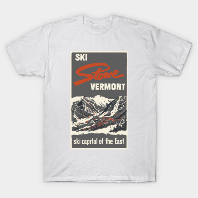 White t-shirt with vintage "Ski Stowe Vermont" graphic, featuring mountain design. Casual wear, cotton material.