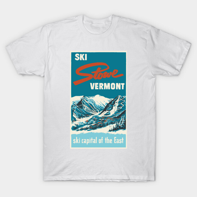 White t-shirt with "Ski Stowe Vermont" print, featuring a mountain design. Casual wear, cotton material, unisex style.