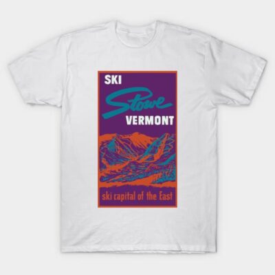 White T-shirt with "Ski Stowe Vermont" graphic; features colorful mountain design; casual style; 100% cotton.