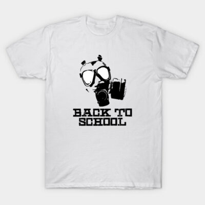 White "Back to School" T-shirt with gas mask graphic, casual style, unisex cotton tee for everyday wear.