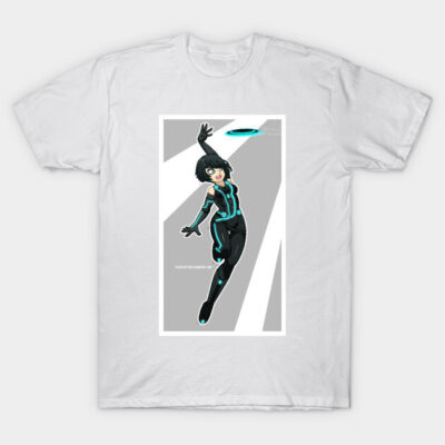 White t-shirt featuring a futuristic design with a character in black and blue, ideal for sci-fi fans. Cotton material.