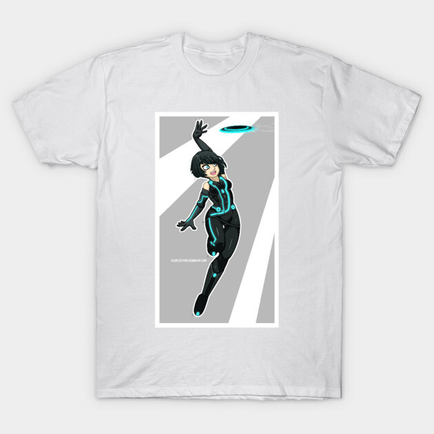 White t-shirt featuring a futuristic design with a character in black and blue, ideal for sci-fi fans. Cotton material.