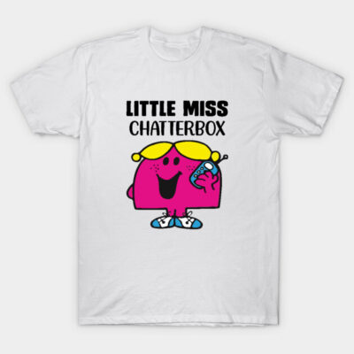 White t-shirt with "Little Miss Chatterbox" design, featuring a pink character with yellow hair holding a phone.