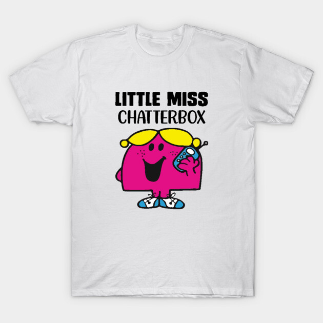 White t-shirt with "Little Miss Chatterbox" design, featuring a pink character with yellow hair holding a phone.