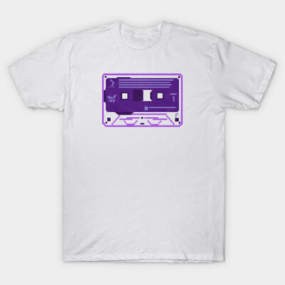 White unisex t-shirt featuring a retro purple cassette tape graphic, perfect for casual wear and music lovers.