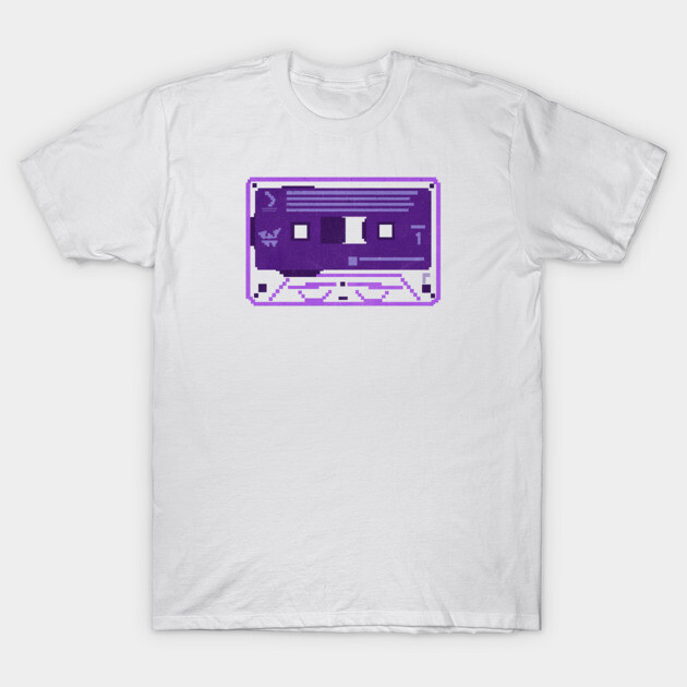 White unisex t-shirt featuring a retro purple cassette tape graphic, perfect for casual wear and music lovers.