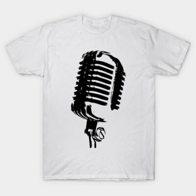 White t-shirt featuring a black vintage microphone print, casual style, soft cotton fabric, ideal for music enthusiasts.