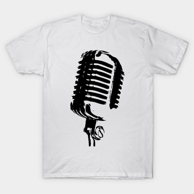 White t-shirt featuring a black vintage microphone print, casual style, soft cotton fabric, ideal for music enthusiasts.
