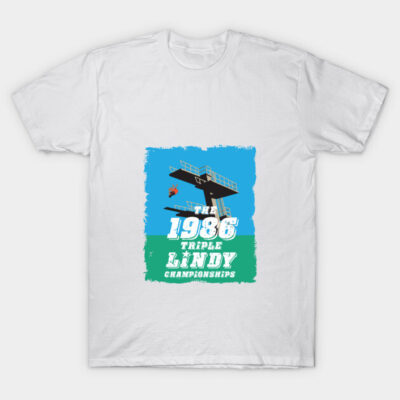 White t-shirt featuring "1986 Triple Lindy Championships" design with diving board graphic, casual style, cotton material.
