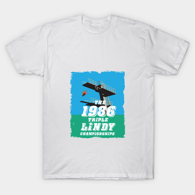 White t-shirt featuring "1986 Triple Lindy Championships" design with diving board graphic, casual style, cotton material.