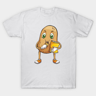 White T-shirt with cartoon potato eating chips, colorful and fun design, casual wear, 100% cotton fabric.