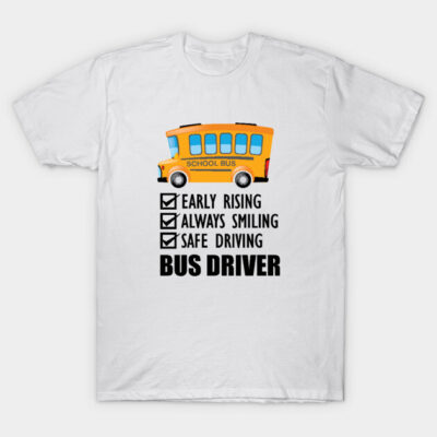 White T-shirt with school bus graphic and bus driver checklist text, casual wear, cotton material.