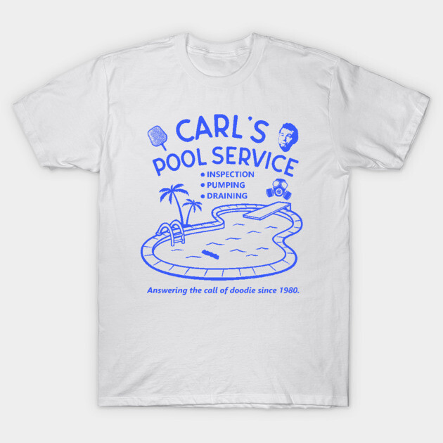 White T-shirt featuring blue "Carl's Pool Service" graphic design, casual style, perfect for summer wear.