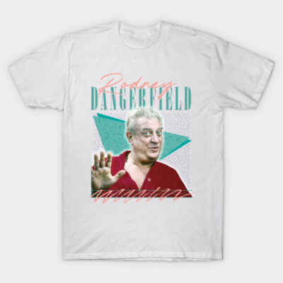 White graphic t-shirt with vintage-style design, featuring a colorful geometric background, perfect for casual wear.