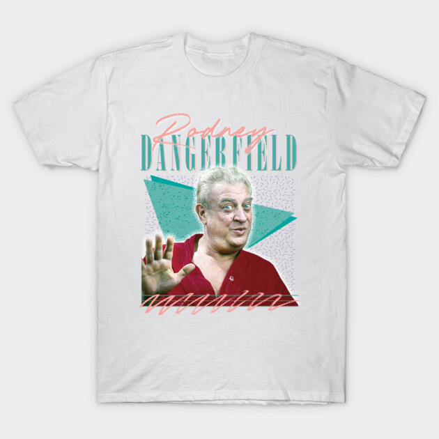 White graphic t-shirt with vintage-style design, featuring a colorful geometric background, perfect for casual wear.
