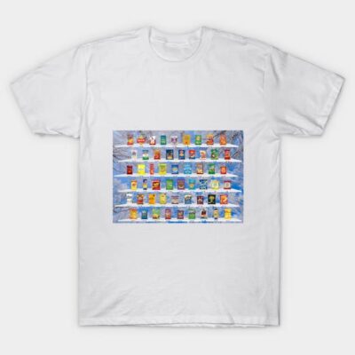 White cotton T-shirt featuring colorful vending machine print, casual style for everyday wear.